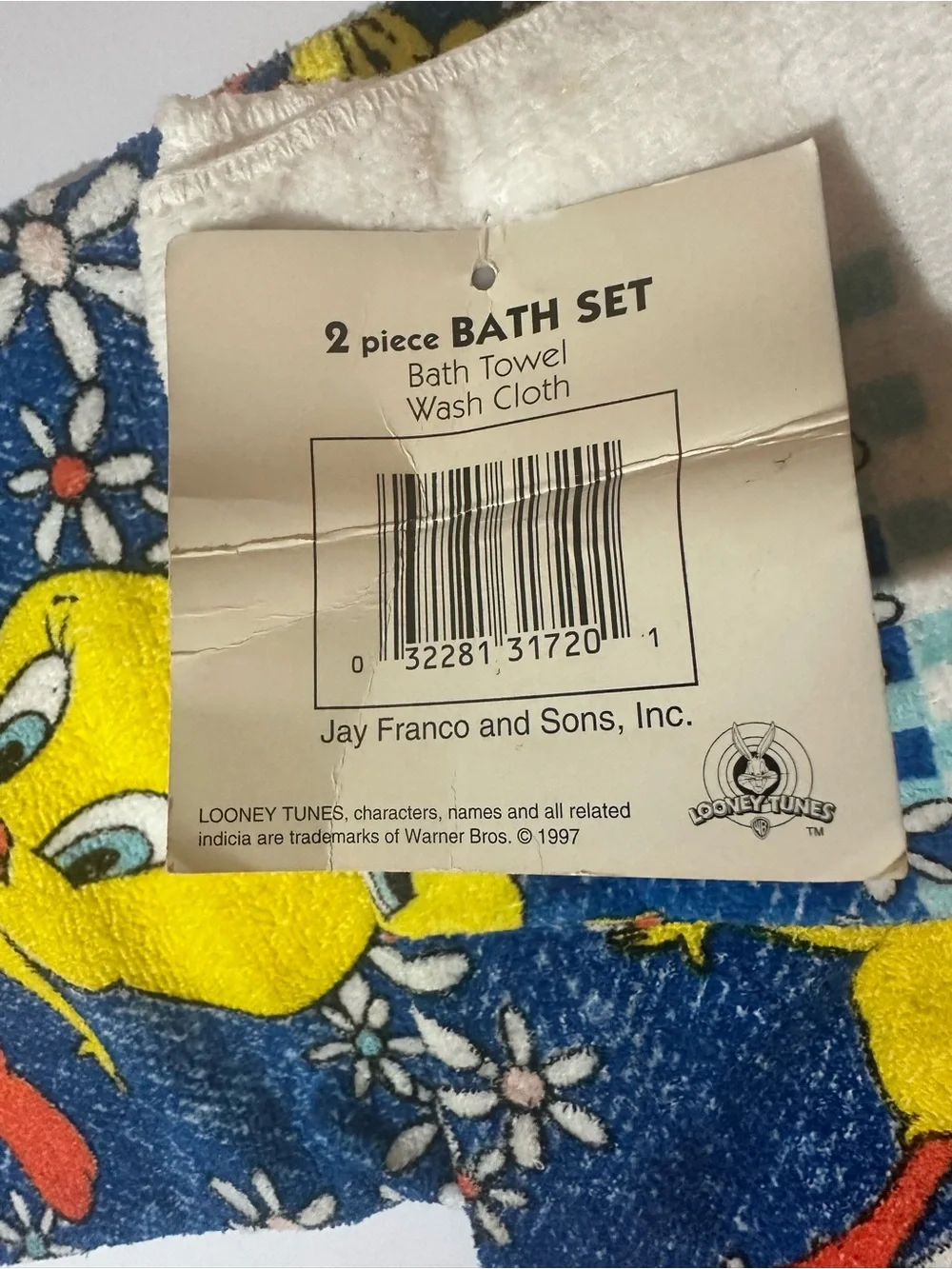 Vtg 90s Looney Tunes Tweety Bird Bath Towel Washcloth Set Gingham Floral